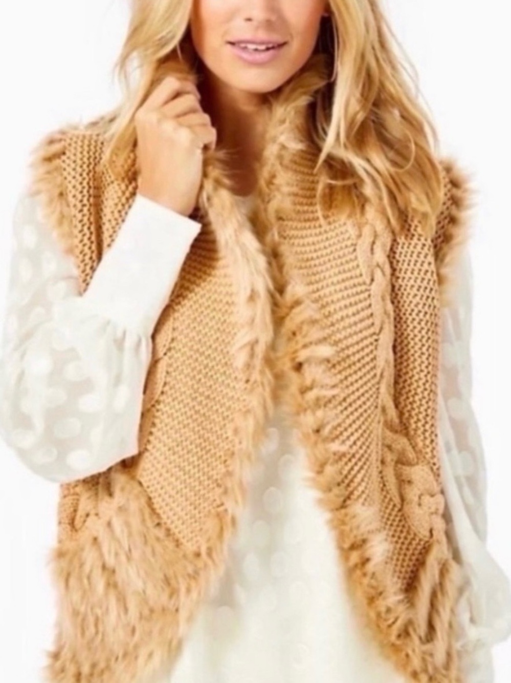 Lilly Pulitzer Torini Camel/Gold Faux-Fur Trim Knit Vest